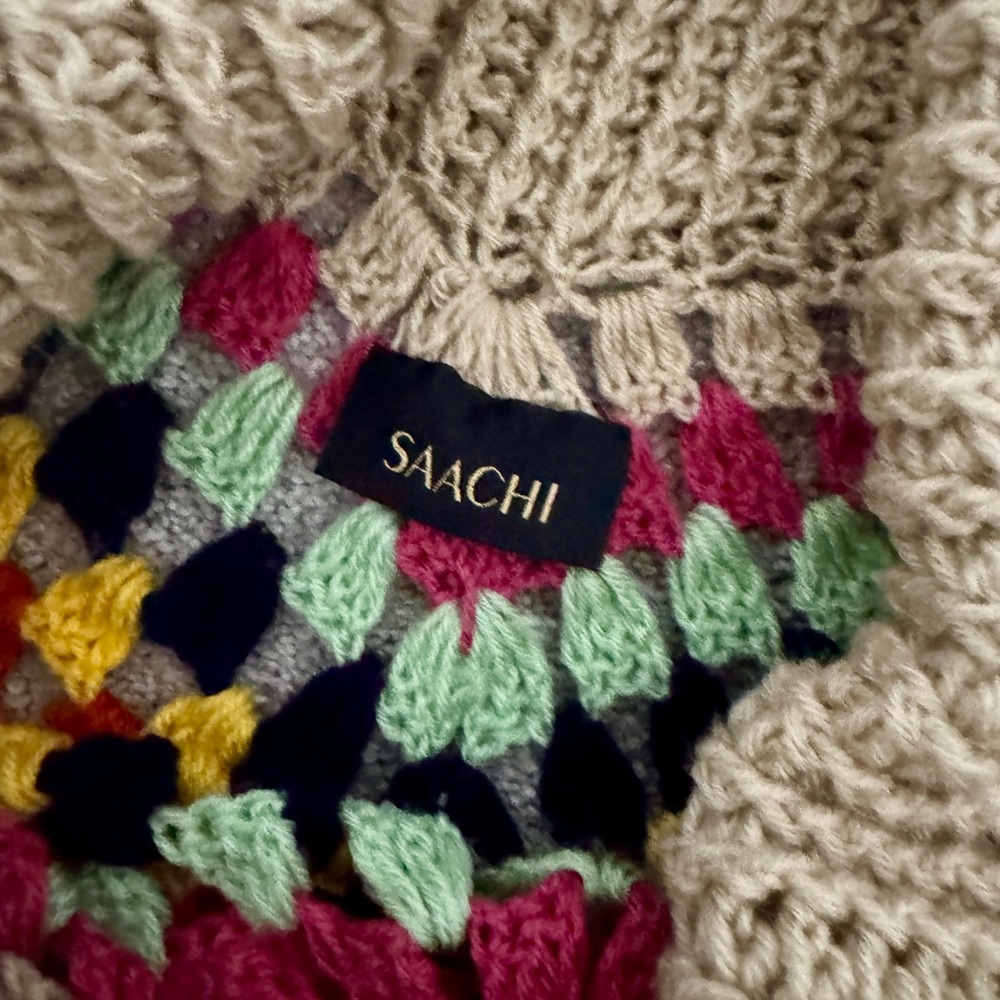 SAACHI Earth To Sky Rainbow Stripe Crochet Turtleneck Poncho | Fringe | One Size - Picture 6 of 7